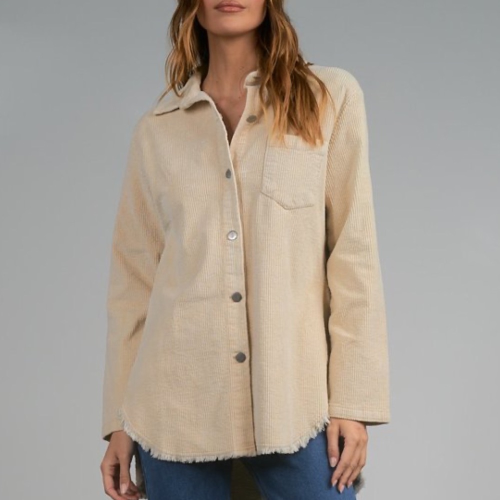 Elan Women's Corduroy Button Down Jacket Shirt Size L Cream Tan